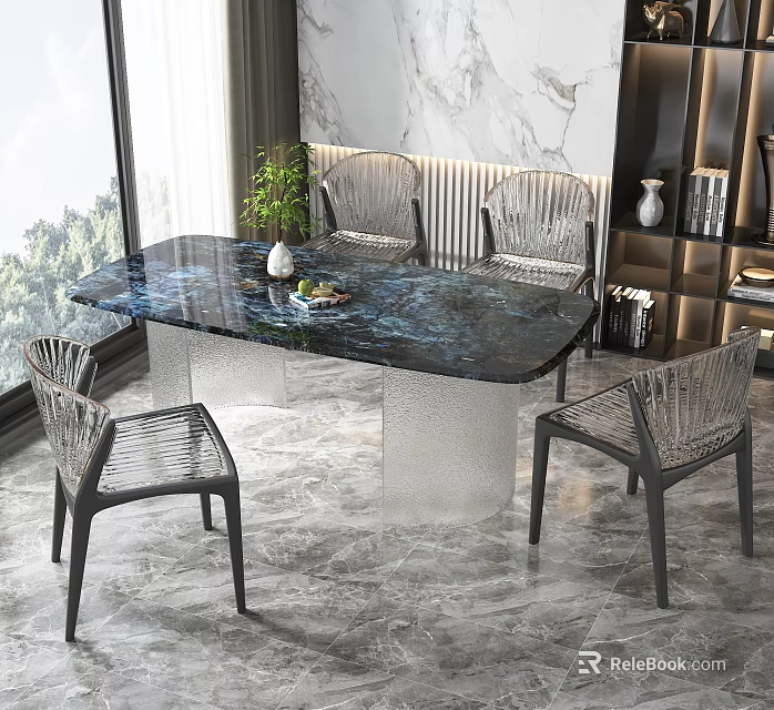 Modern Dining Table Set With Black Marble Top And Woven Chairs Near Large Windows 3d model 