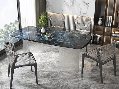 Modern Dining Table Set With Black Marble Top And Woven Chairs Near Large Windows 3d model