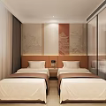 Modern Hotel Guest Room Interior With Double Beds Flat Screen TV And Glass Partition