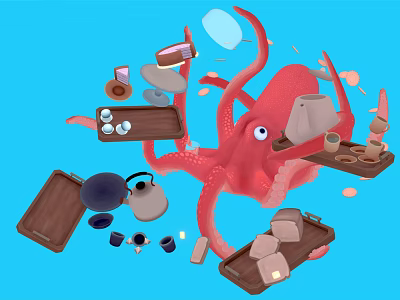Red Octopus in Blue Background Surrounded by Trays Teapot Cups and Other Items 3d model