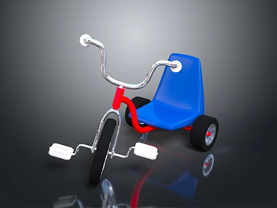 Kids' Tricycle With Red Frame Blue Seat Silver Handlebars And White Pedals 3d model