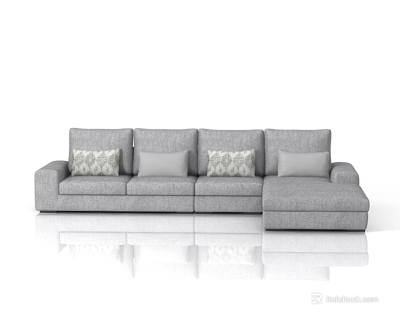 Modern Gray L shaped Sectional Sofa With Patterned and Solid Decorative Pillows For Living Room Interior 3d model