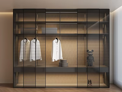Contemporary Wardrobe Interior Design with Black Slatted Doors Hanging White Shirts and Warm Lighting Shelves 3d model
