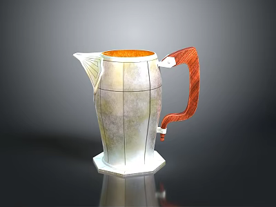 Shiny Modern Geometric Silver Pitcher With Wooden Handle And Orange Interior 3d model
