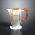 Shiny Modern Geometric Silver Pitcher With Wooden Handle And Orange Interior