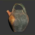 Carved Ceramic Sculpture With Green Orange Hues Textured Surface And Curved Spout Handle