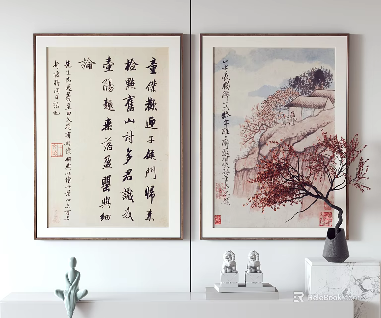 Traditional Chinese Calligraphy and Landscape Wall Art with Decorative Figurines Vase and Plant 3d model 