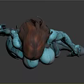 3D Female Character In Blue Bodysuit With Mechanical Lines Standing Pose And Long Hair