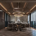Private Dining Box Interior With Wooden Ceiling Hanging Chandeliers And Round Table 3d model