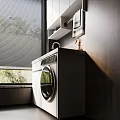Home Balcony Laundry Space With White Cabinets Sink Washing Machine And Black Blinds