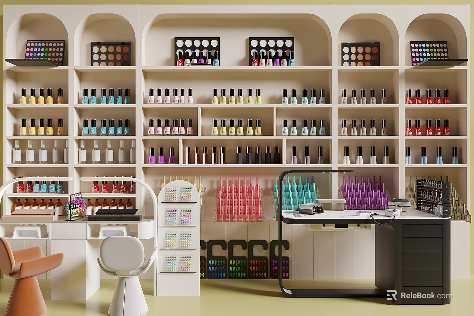 Stylish Nail Salon Interior With Shelves Full Of Colorful Nail Polish And Work Tables 3d model 
