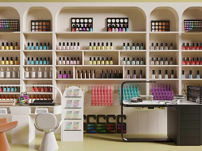 Stylish Nail Salon Interior With Shelves Full Of Colorful Nail Polish And Work Tables 3d model