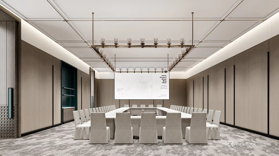 Modern Conference Room Interior With Long Table White Chairs And Large Screen 3d model