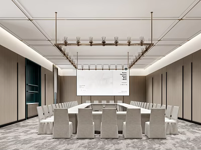 Modern Conference Room Interior With Long Table White Chairs And Large Screen 3d model