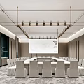 Modern Conference Room Interior With Long Table White Chairs And Large Screen 3d model