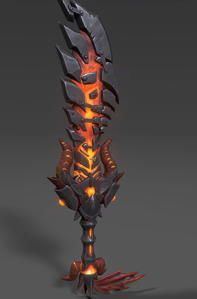 Game Movie Character Flame Weapon Design With Glowing Orange Metal Details And Horns 3d model