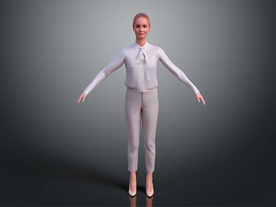 Woman In White Shirt And Light Gray Pants Standing With Arms Outstretched On Gray Background 3d model