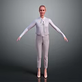 Woman In White Shirt And Light Gray Pants Standing With Arms Outstretched On Gray Background