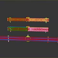 Three Red Shiny Metallic Industrial Bars With Yellow Components On Gray Background 3d model