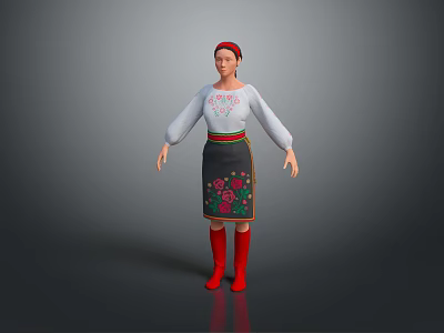 Woman in Traditional Costume Red Headscarf White Embroidered Blouse Black Floral Skirt Red Boots 3d model