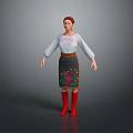 Woman in Traditional Costume Red Headscarf White Embroidered Blouse Black Floral Skirt Red Boots