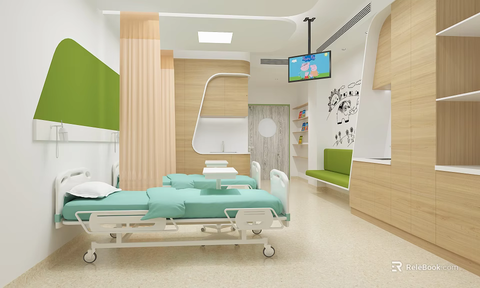 Modern Hospital Ward Interior With Green Accents Wooden Decor Bed Bench And TV 3d model 