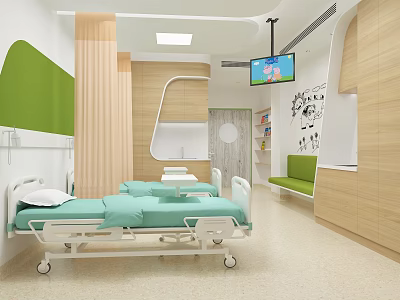 Modern Hospital Ward Interior With Green Accents Wooden Decor Bed Bench And TV 3d model