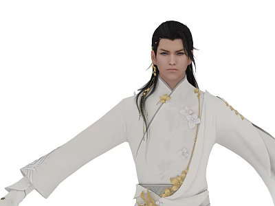 Ancient Style Character Wearing White Traditional Outfit With Golden Embellishments And Phoenix Motifs 3d model