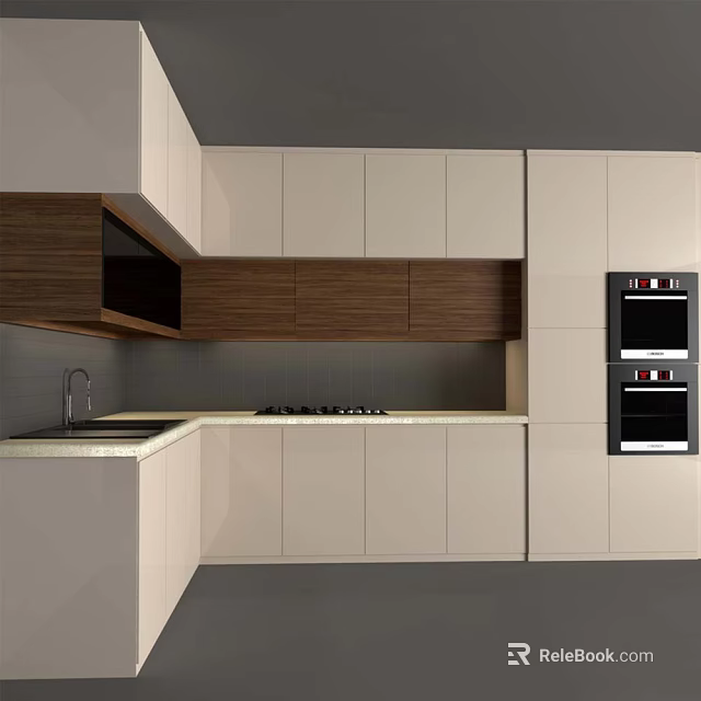 Modern Kitchen Interior With Light And Dark Wood Cabinets And Appliances 3d model 