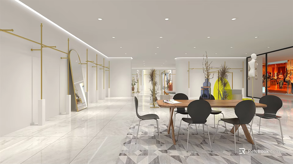 Elegant Modern Clothing Store Interior With White Walls Gold Accents And Marble Flooring 3d model 