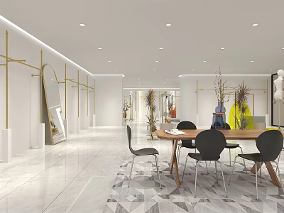 Elegant Modern Clothing Store Interior With White Walls Gold Accents And Marble Flooring 3d model