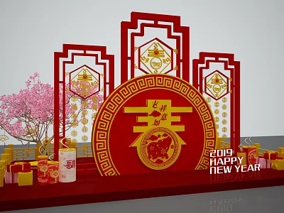 Red Gold Chinese New Year Decorations With Spring Character Peach Blossom Tree Gift Boxes 3d model