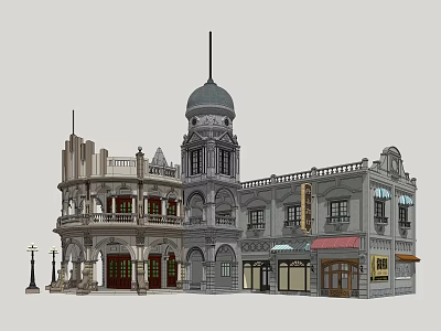 Classic Style Vintage Buildings With Dome Tower Balconies Decorative Windows And Signs 3d model