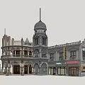 Classic Style Vintage Buildings With Dome Tower Balconies Decorative Windows And Signs