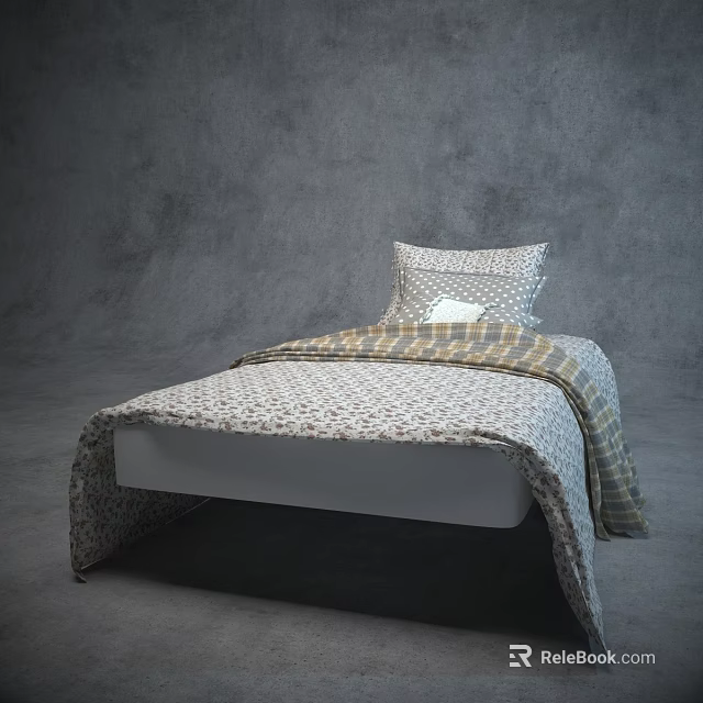 Modern Double Bed With Patterned Bedspread Pillows And Decorative Accent In Minimalist Bedroom 3d model