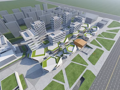 Modern Commercial Complex With Geometric Architecture Green Roofs And Urban Setting 3d model