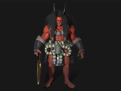 Horned Red Skinned Man With Long Hair Holding Sword And Decorative Armor 3d model