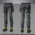 Casual Blue Jeans With Suspenders Belt And Green Laces Shoes Front And Back View
