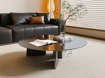 Black Round Coffee Table With Open Book Plant Vase And Marble Base In Living Room 3d model