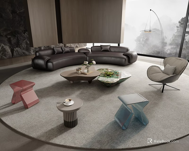 Modern Living Room With Large Black L Shaped Sofa Round Rug And Colorful Side Tables 3d model 