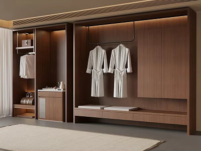 Modern Wooden Wardrobe Interior Design With Hanging Rod And White Bathrobes 3d model