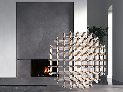 Geometric Metal Sculpture With Brass Elements In Indoor Setting Near Fireplace And Plant 3d model