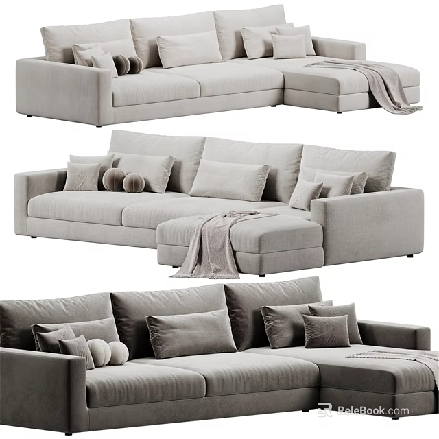 Modern Light Gray Double Sofa With Soft Cushions And Cozy Blanket 3d model 
