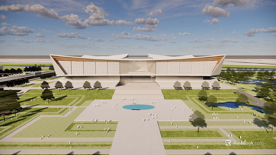Modern Museum Building With Unique Roof Design Spacious Plaza And Green Lawns 3d model 