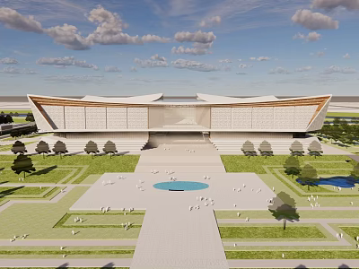 Modern Museum Building With Unique Roof Design Spacious Plaza And Green Lawns 3d model