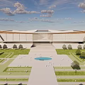 Modern Museum Building With Unique Roof Design Spacious Plaza And Green Lawns