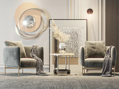 Light Gray Velvet Leisure Chairs With Gray Throws Small Coffee Table Vase Dried Flowers 3d model