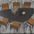 Modern Irregular Black Dining Table Set With Six Orange Chairs And Dried Flowers Decorative Piece