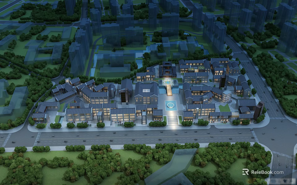 Modern Commercial Street Design With Surrounding Trees Night Lighting And Plaza Buildings 3d model 