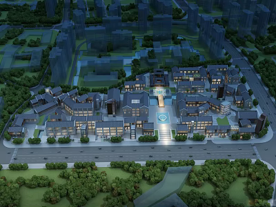 Modern Commercial Street Design With Surrounding Trees Night Lighting And Plaza Buildings 3d model